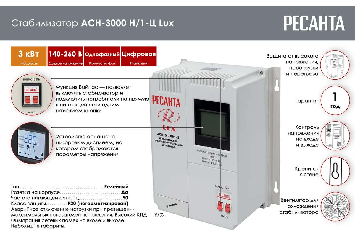 Стабилизатор напряжения Ресанта АСН 3000 Н/1-Ц Lux 63/6/21